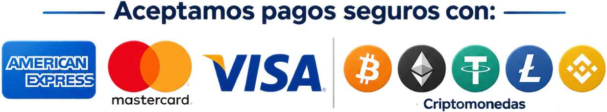 Aceptamos American Express, Mastercard, Visa y criptomonedas